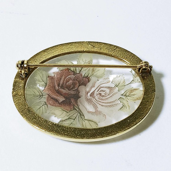 Vintage Clear Glass Rose Brooch 1.5" Gold Rim Flower (jb3) - Picture 4 of 5